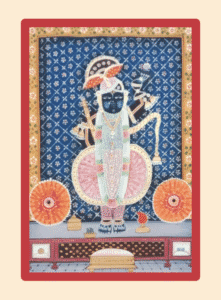 Pichwai painting of Shrinathji in pink attire with blue floral background and golden border.