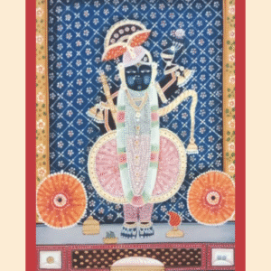Pichwai painting of Shrinathji in pink attire with blue floral background and golden border.