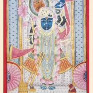 Pichwai painting of Shrinathji with pink lotus garland, blue attire, and golden frame.