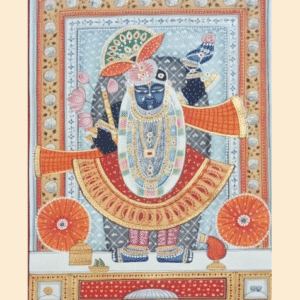 Pichwai painting of Shrinathji with golden skirt, pink lotuses, and decorative orange-gold frame.