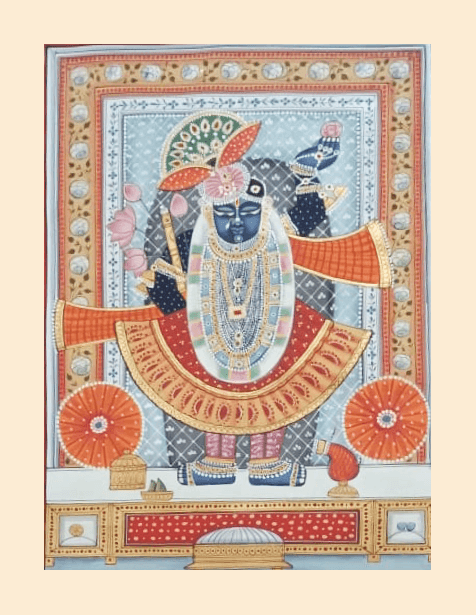 Pichwai painting of Shrinathji with golden skirt, pink lotuses, and decorative orange-gold frame.