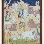 Pichwai painting of Shrinathji surrounded by gwalas and sacred cows, with lotus pond, peacocks, and starry night background.