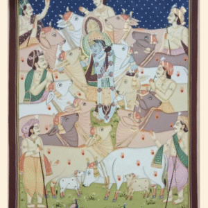 Pichwai painting of Shrinathji surrounded by gwalas and sacred cows, with lotus pond, peacocks, and starry night background.