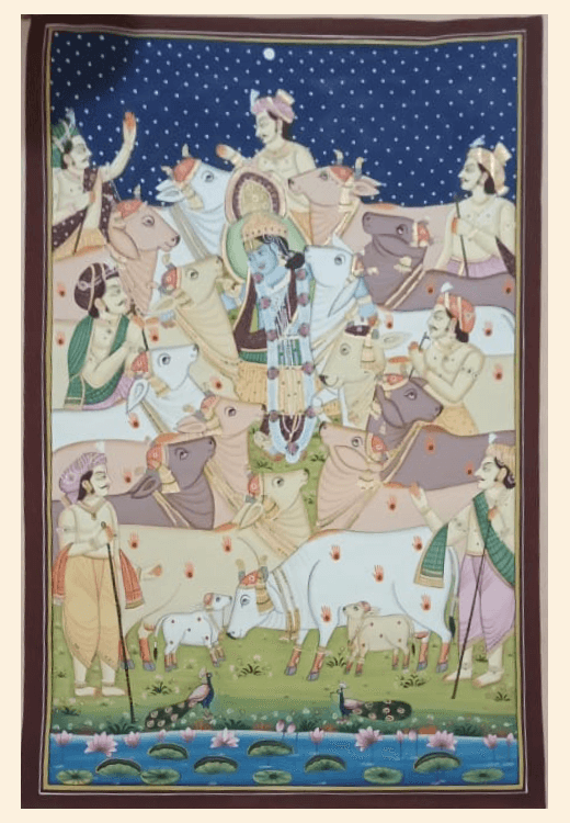 Pichwai painting of Shrinathji surrounded by gwalas and sacred cows, with lotus pond, peacocks, and starry night background.