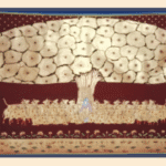 Pichwai painting of Shrinathji with cows beneath a golden Kadamba tree on a maroon background.