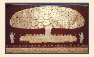 Pichwai painting of Shrinathji with cows beneath a golden Kadamba tree on a maroon background.