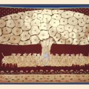 Pichwai painting of Shrinathji with cows beneath a golden Kadamba tree on a maroon background.