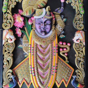 Shrinathji Rajbhog hand-painted wooden artwork with gold leaf, ornate frame, and LED lighting.