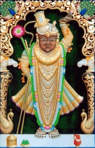 Shrinathji Rajbhog golden hand-painted wooden artwork with ornate carved frame.