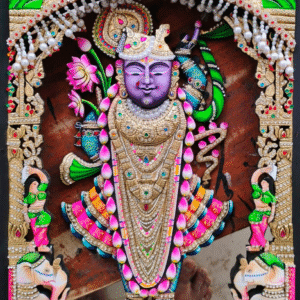 Shrinathji Rajbhog gold-leaf wooden painting with gold leaf, gemstones, and ornate decorative frame.