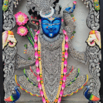 Shrinathji Rajbhog silver gemstone wooden painting with peacocks, lotus flowers, and ornate carved frame.
