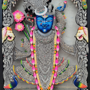 Shrinathji Rajbhog silver gemstone wooden painting with peacocks, lotus flowers, and ornate carved frame.
