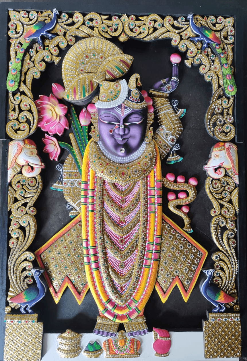 Shrinathji Rajbhog hand-painted wooden artwork with gold leaf, ornate frame, and LED lighting.
