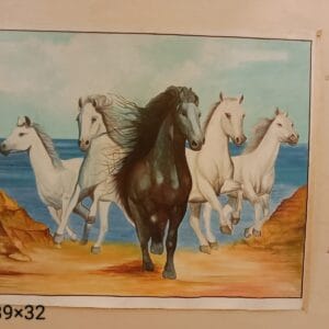 Handmade five horses miniature art painting on canvas, seaside scene, 39×32 inch, unframed.