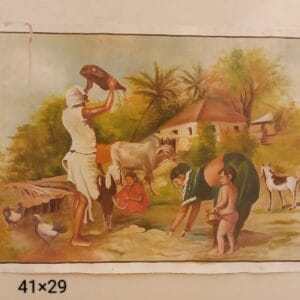 Handmade Indian village life miniature art painting on canvas, 41×29 inch, unframed.