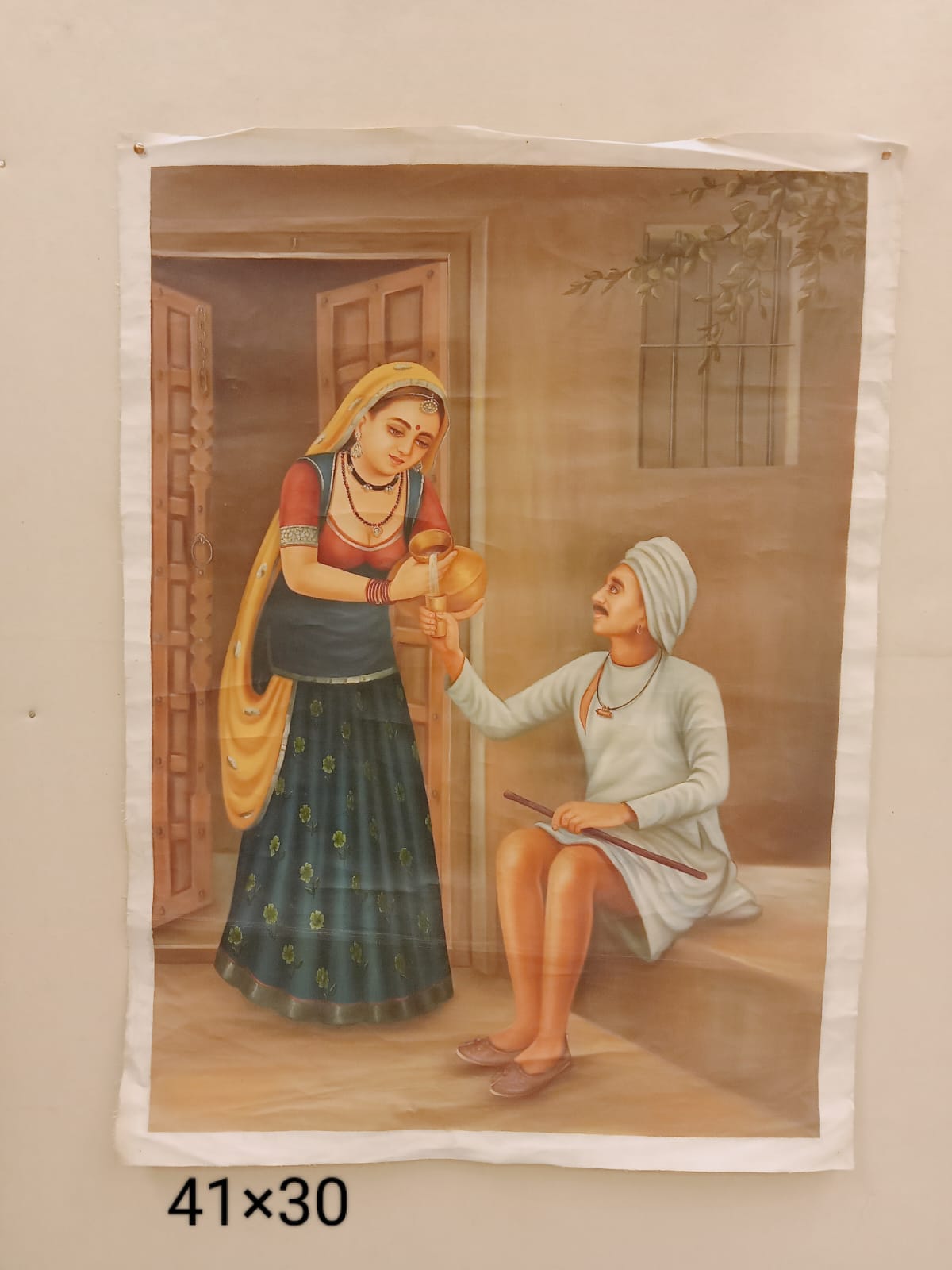 Handmade traditional Indian couple miniature art painting on canvas, 41×30 inch, unframed.