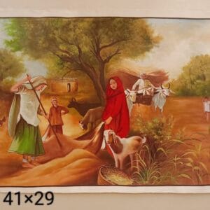 Handmade Indian village harvest miniature art painting on canvas, 41×29 inch, unframed.