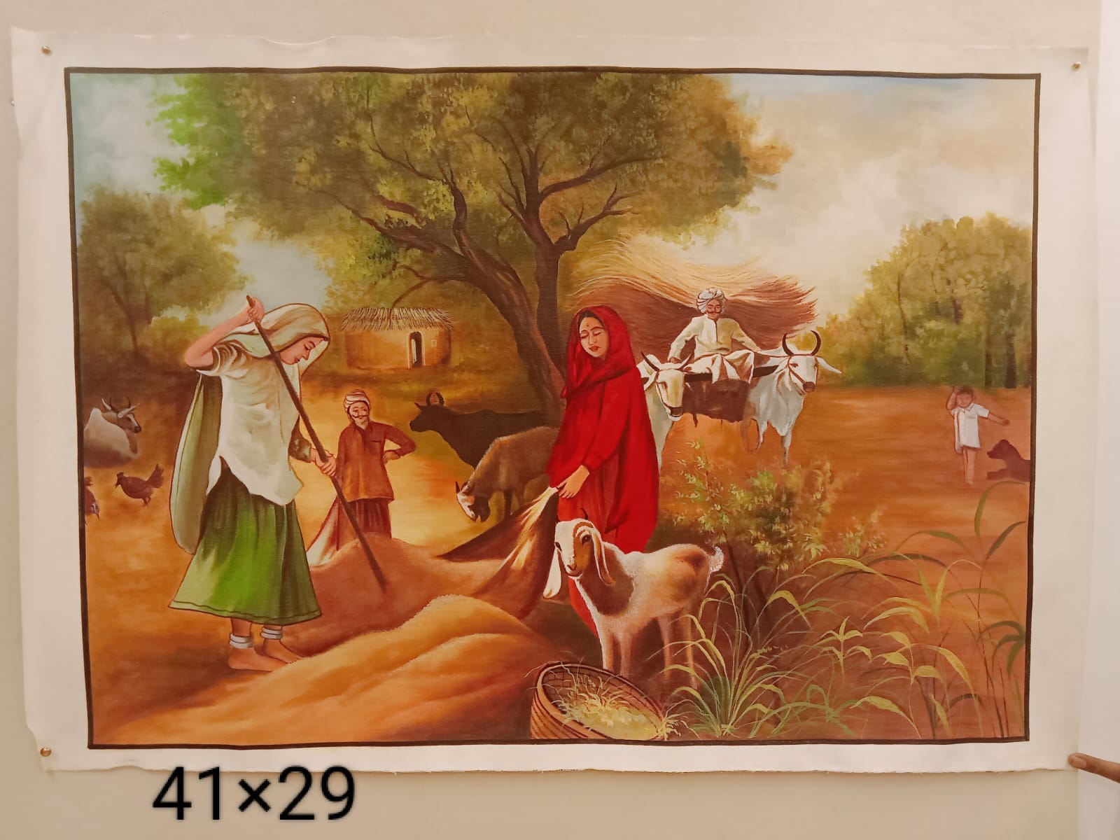 Handmade Indian village harvest miniature art painting on canvas, 41×29 inch, unframed.