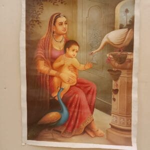 Handmade miniature art painting of mother and child with peacocks on canvas, 30×47 inch, unframed.