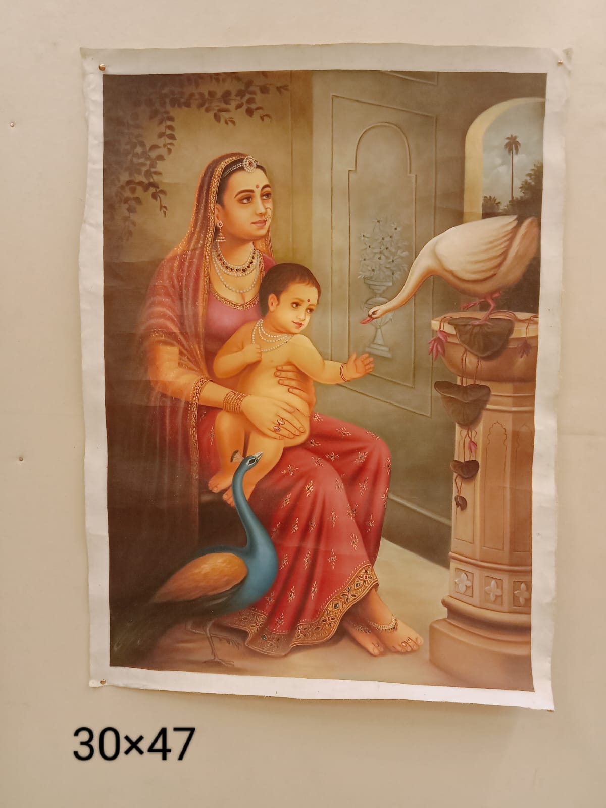 Handmade miniature art painting of mother and child with peacocks on canvas, 30×47 inch, unframed.