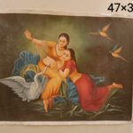 Two women swan birds miniature art painting on canvas, handmade, 47×36 inch