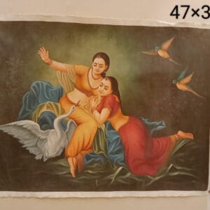Two women swan birds miniature art painting on canvas, handmade, 47×36 inch