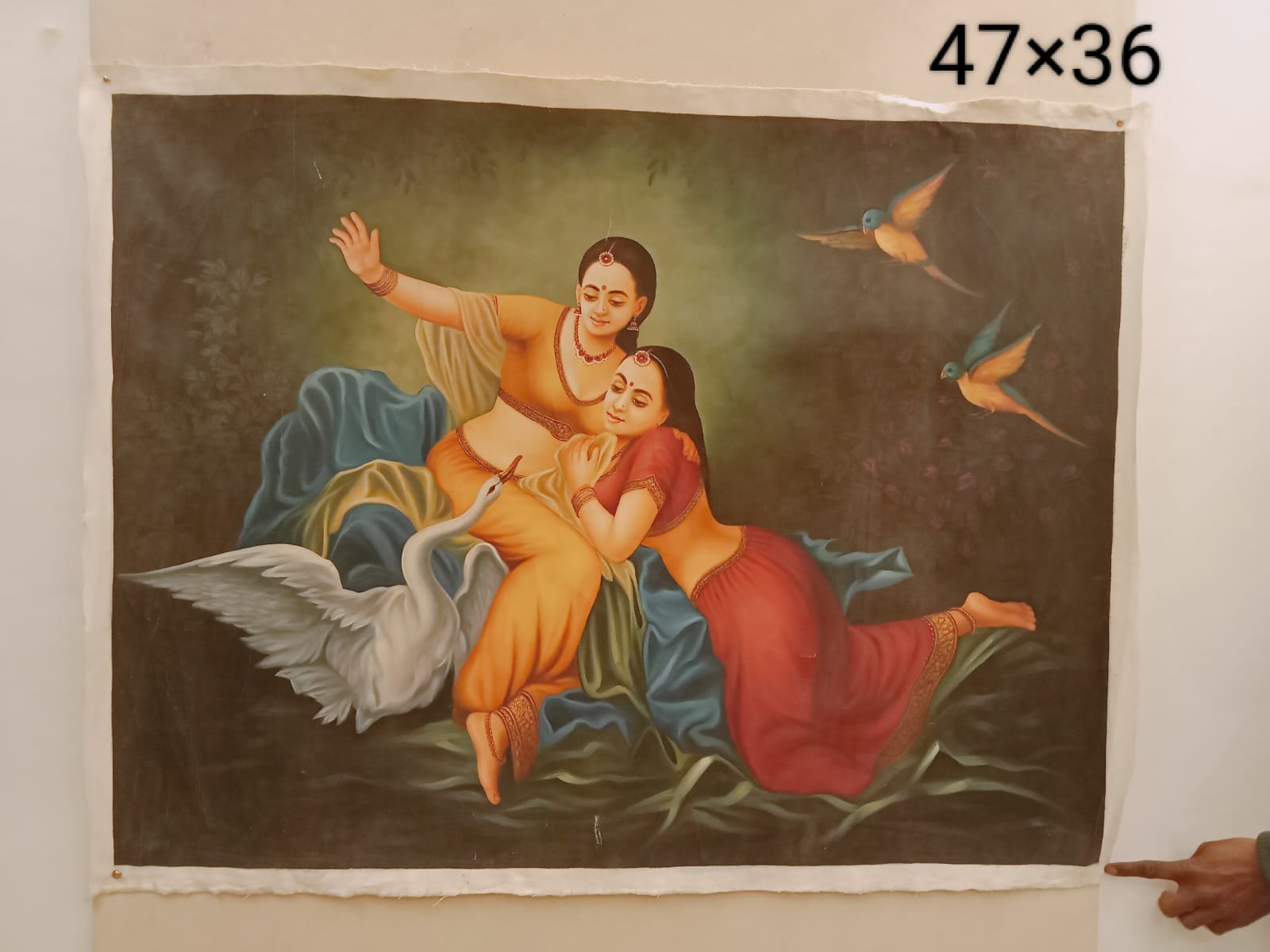 Two women swan birds miniature art painting on canvas, handmade, 47×36 inch