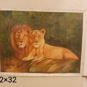 Lion and lioness wildlife miniature art painting on canvas, handmade, 42×32 inch