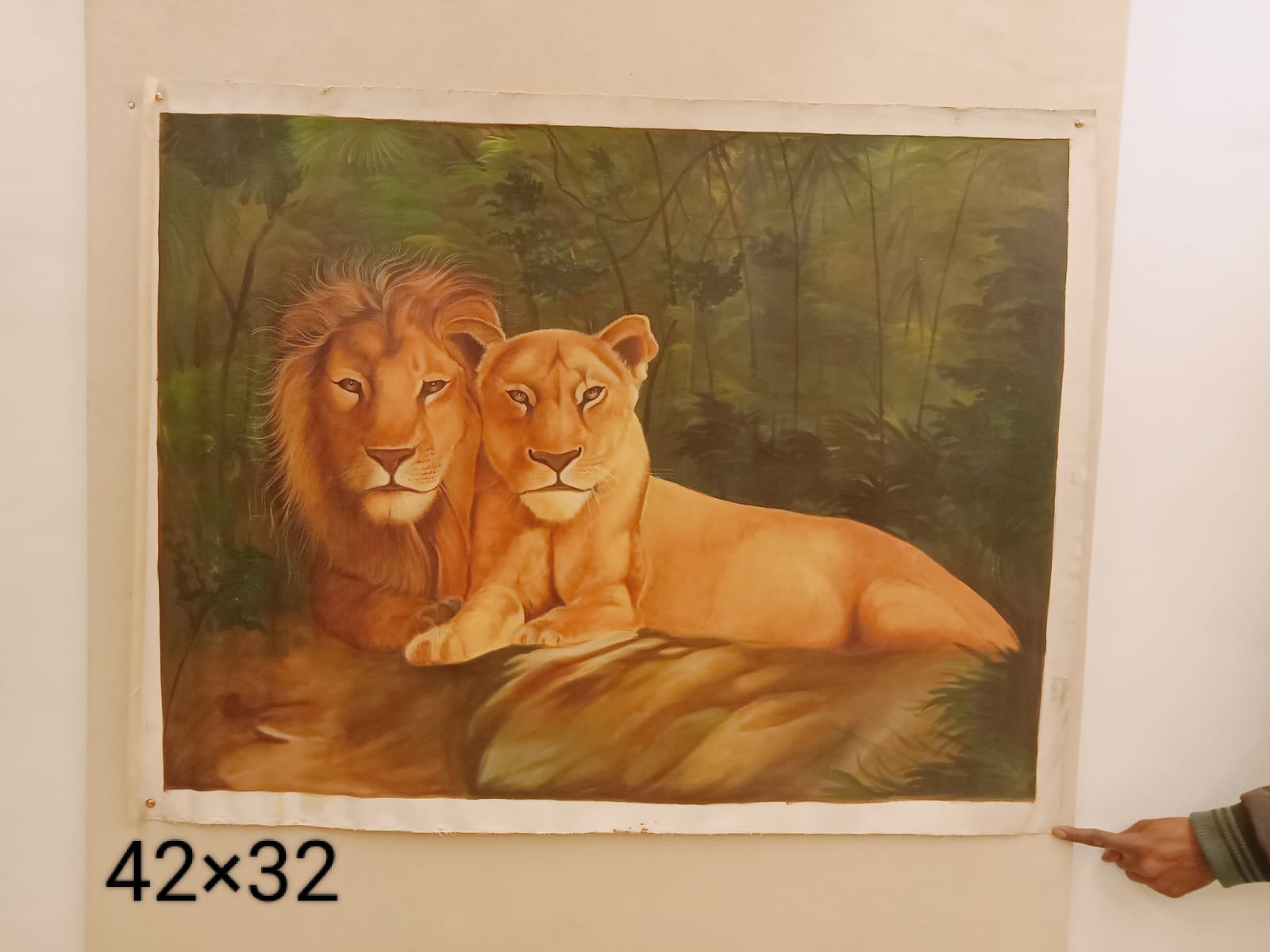 Lion and lioness wildlife miniature art painting on canvas, handmade, 42×32 inch