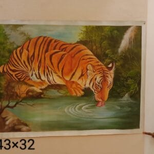 Handmade wildlife miniature art painting of a tiger drinking water on canvas, 45×32 inch