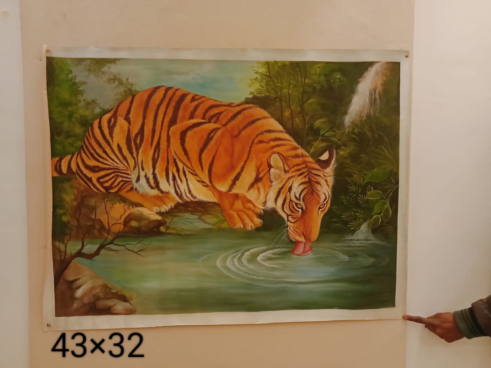 Handmade wildlife miniature art painting of a tiger drinking water on canvas, 45×32 inch