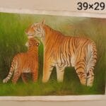 Handmade tiger with cub wildlife miniature art painting on canvas, 39×29 inch