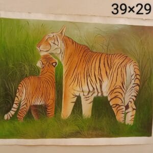 Handmade tiger with cub wildlife miniature art painting on canvas, 39×29 inch
