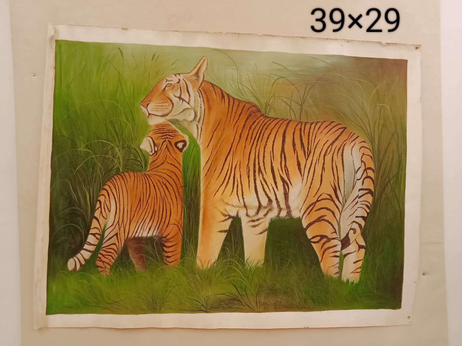 Handmade tiger with cub wildlife miniature art painting on canvas, 39×29 inch