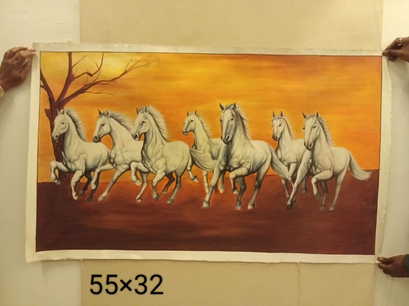 Beautiful seven running horses miniature art painting handmade on canvas, 55×32 inch