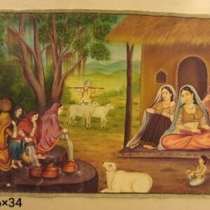 Miniature Art Painting of village life scene with women, cows, and child – 46 × 34 inches