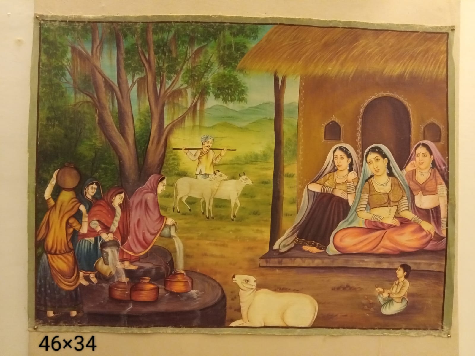 Miniature Art Painting of village life scene with women, cows, and child – 46 × 34 inches