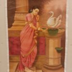 Handmade Indian woman with swan miniature art painting on canvas, 47×35 inch