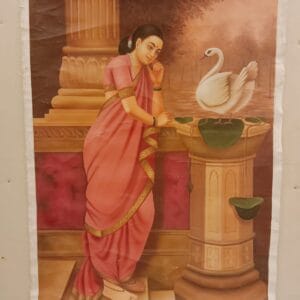 Handmade Indian woman with swan miniature art painting on canvas, 47×35 inch