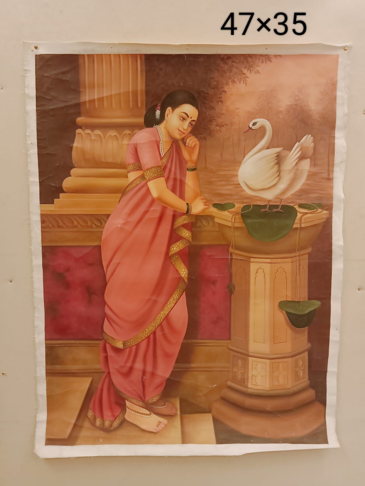 Handmade Indian woman with swan miniature art painting on canvas, 47×35 inch