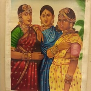 traditional indian women portrait miniature art painting – 47x36 inches showing three women in colourful sarees