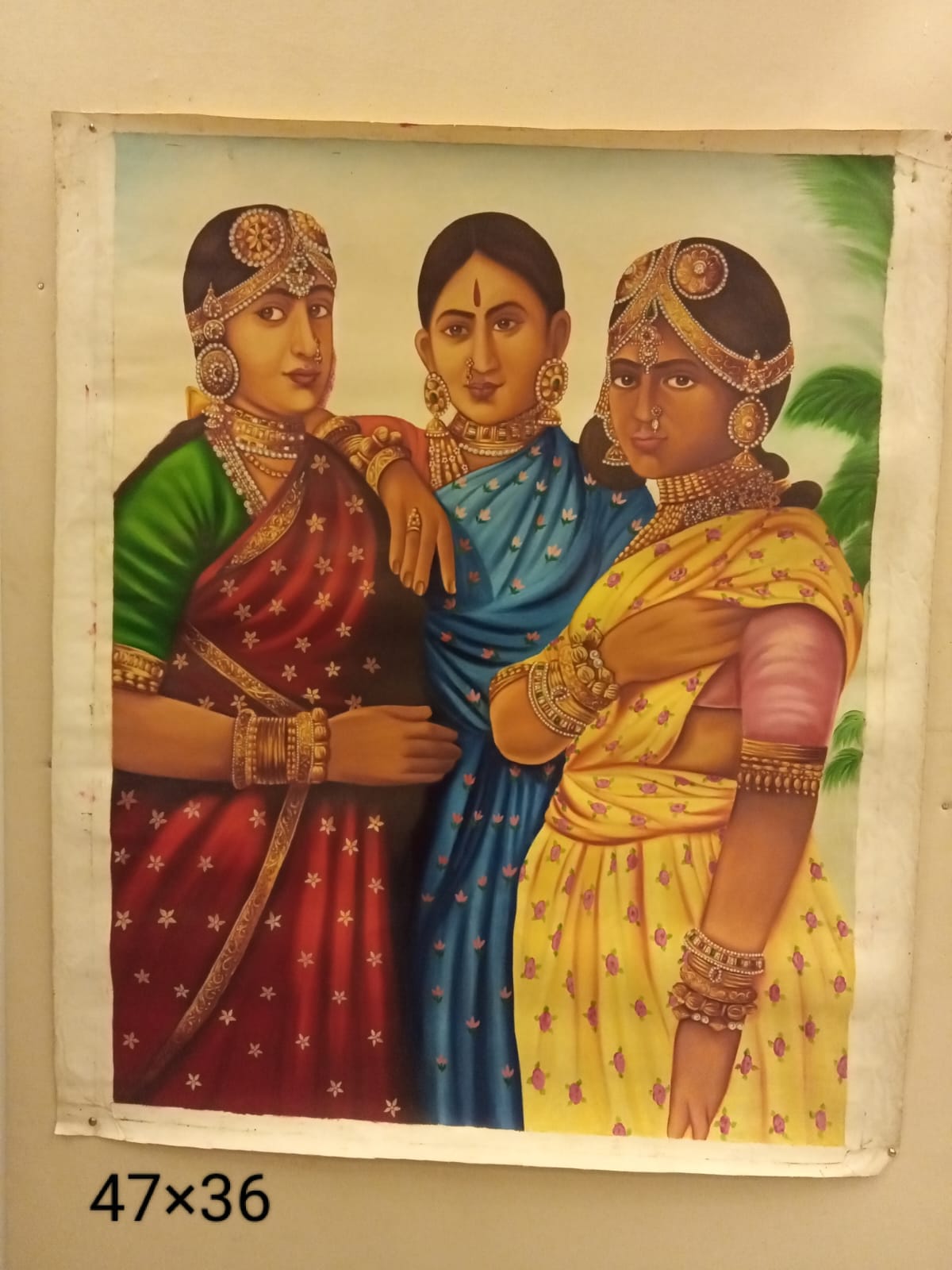 traditional indian women portrait miniature art painting – 47x36 inches showing three women in colourful sarees