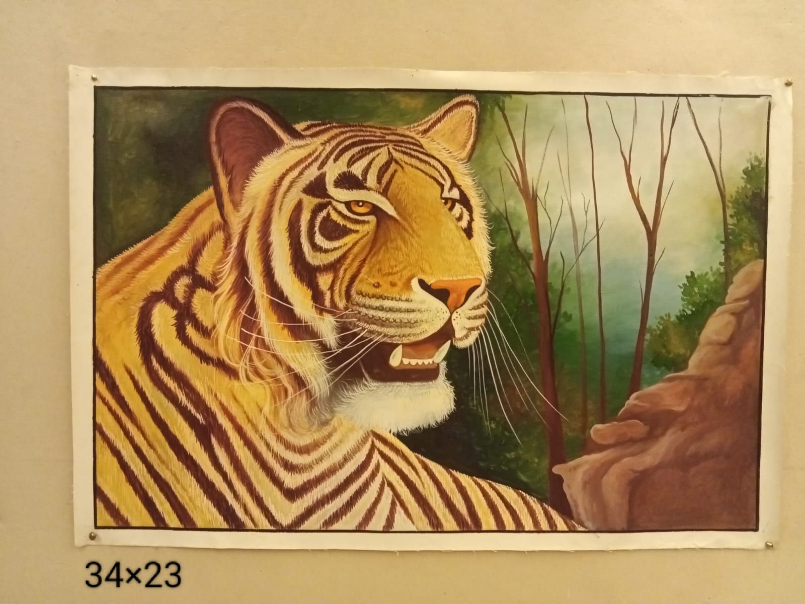 Tiger in Forest Handmade Miniature Art Painting 34 × 23 inch