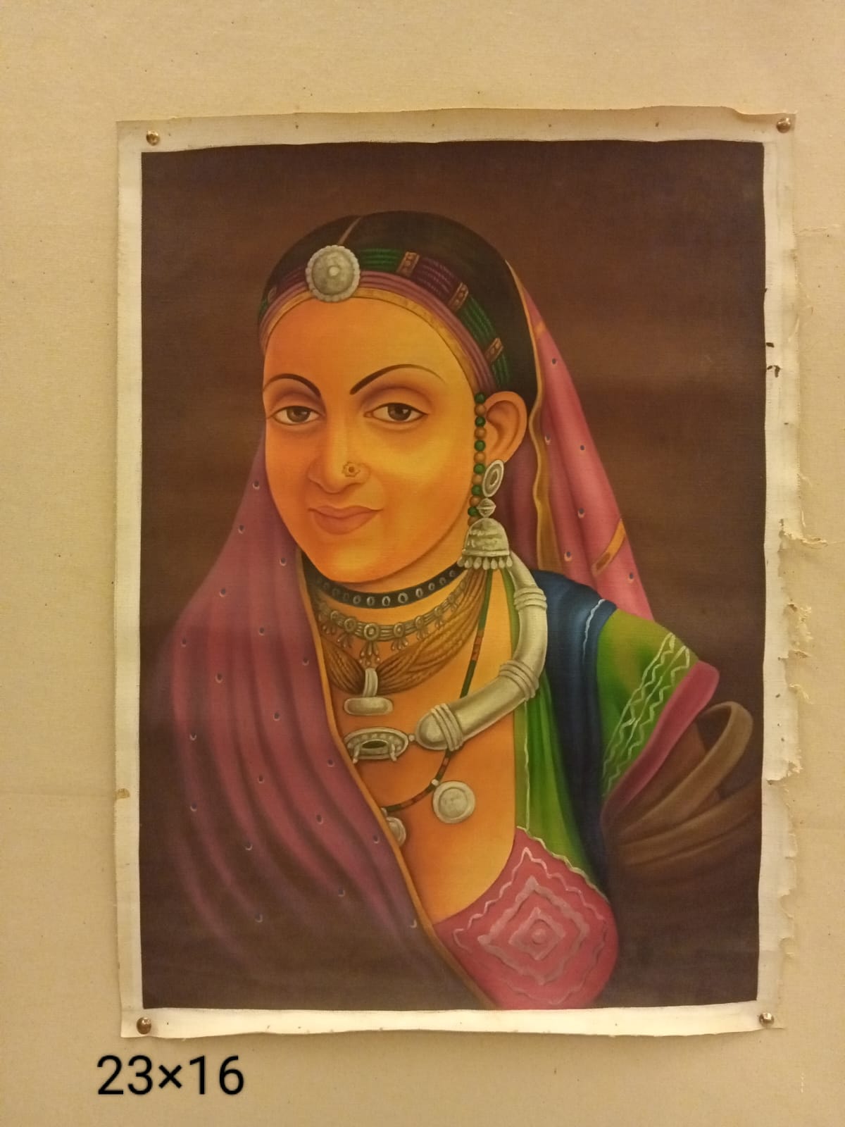 Handmade Rajasthani Woman Portrait Painting – 23 × 16 inch traditional wall art