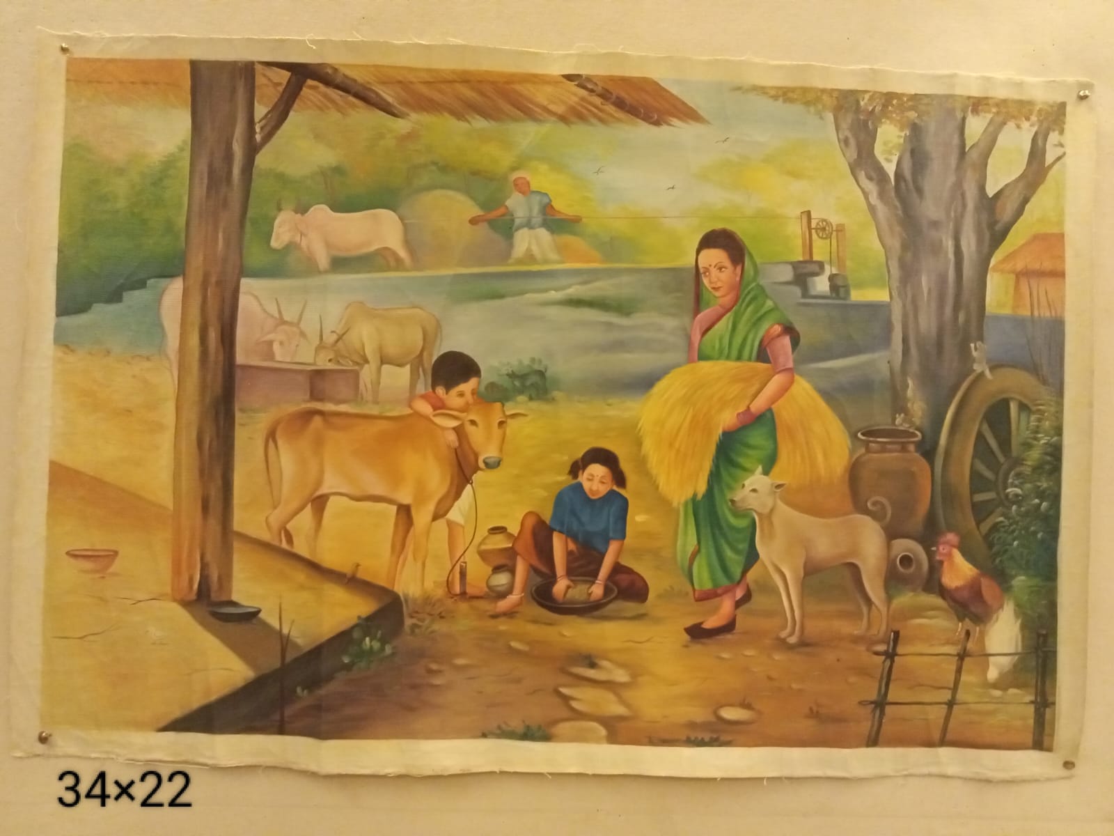 Village Scene Miniature Art Painting – Handmade Rural Life Artwork (34×22 inch)
