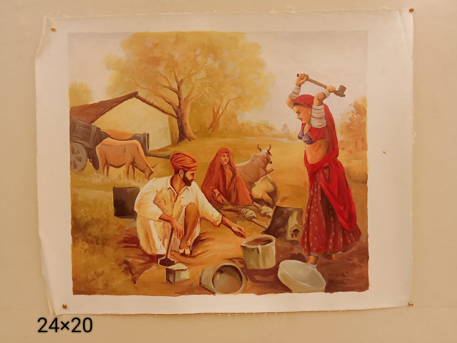 Village Life Miniature Art Painting Handmade 24x20 Inch