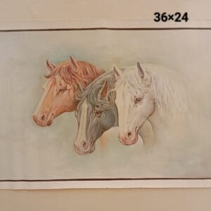 Handmade Three Horses Portrait Miniature Art Painting – 36×24 inch