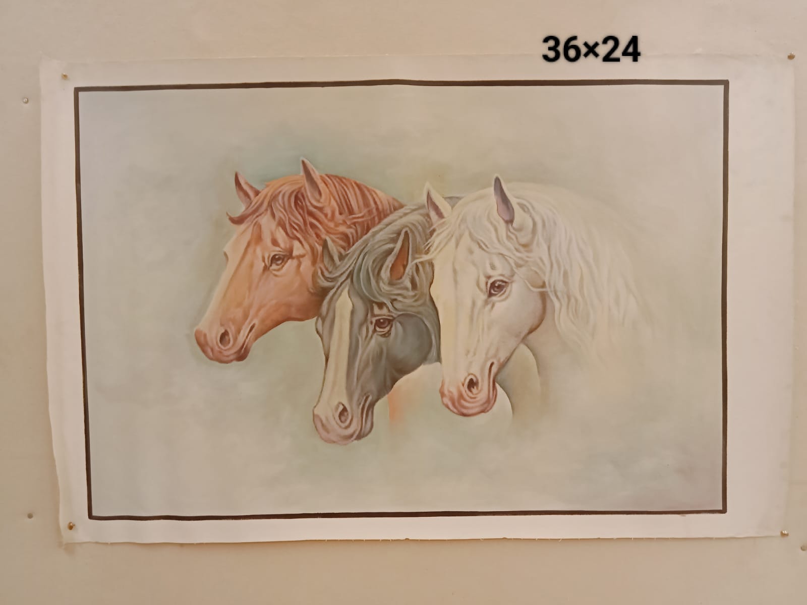 Handmade Three Horses Portrait Miniature Art Painting – 36×24 inch