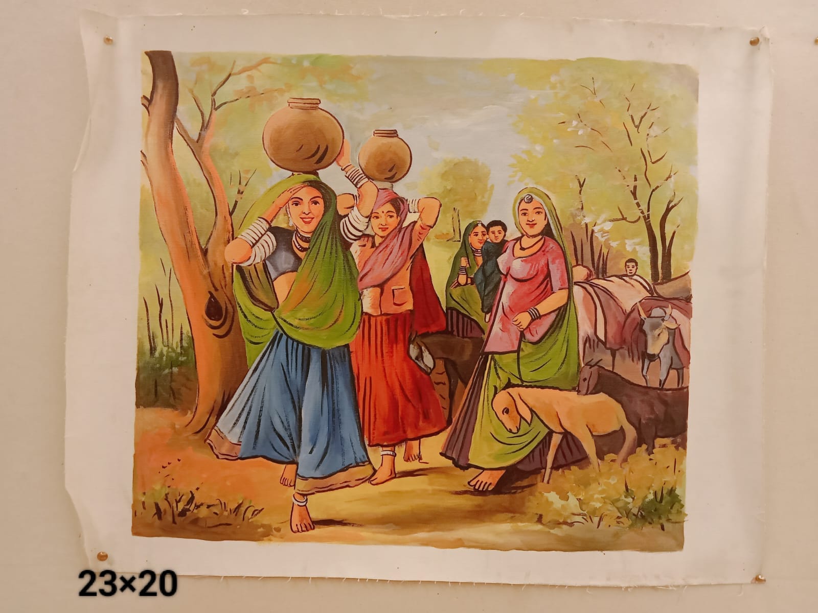 Handmade Rural Village Life Painting – Indian Folk Art Wall Décor (23×20 inch)