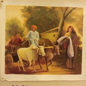 24×21 inch Village Scene Miniature Art Painting – Handmade Rural Bullock Cart Artwork